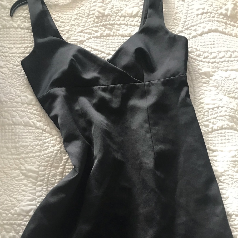 Black satin dress with tulle skirt trim